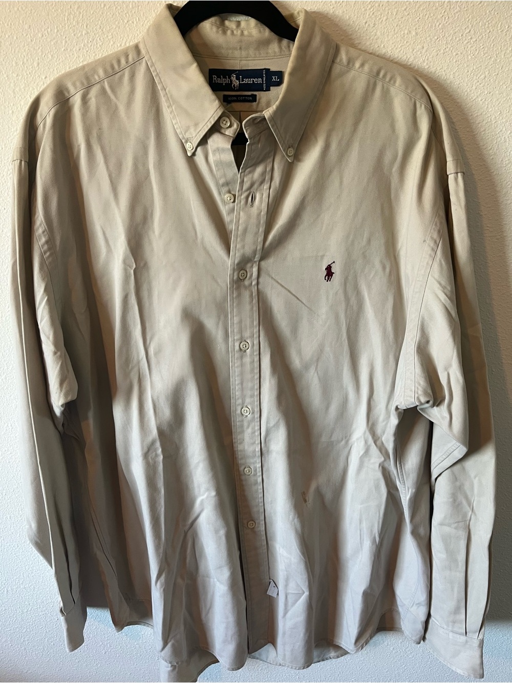 Ralph Lauren Men’s Long-Sleeve Button-Down Shirt in Beige with Maroon Polo